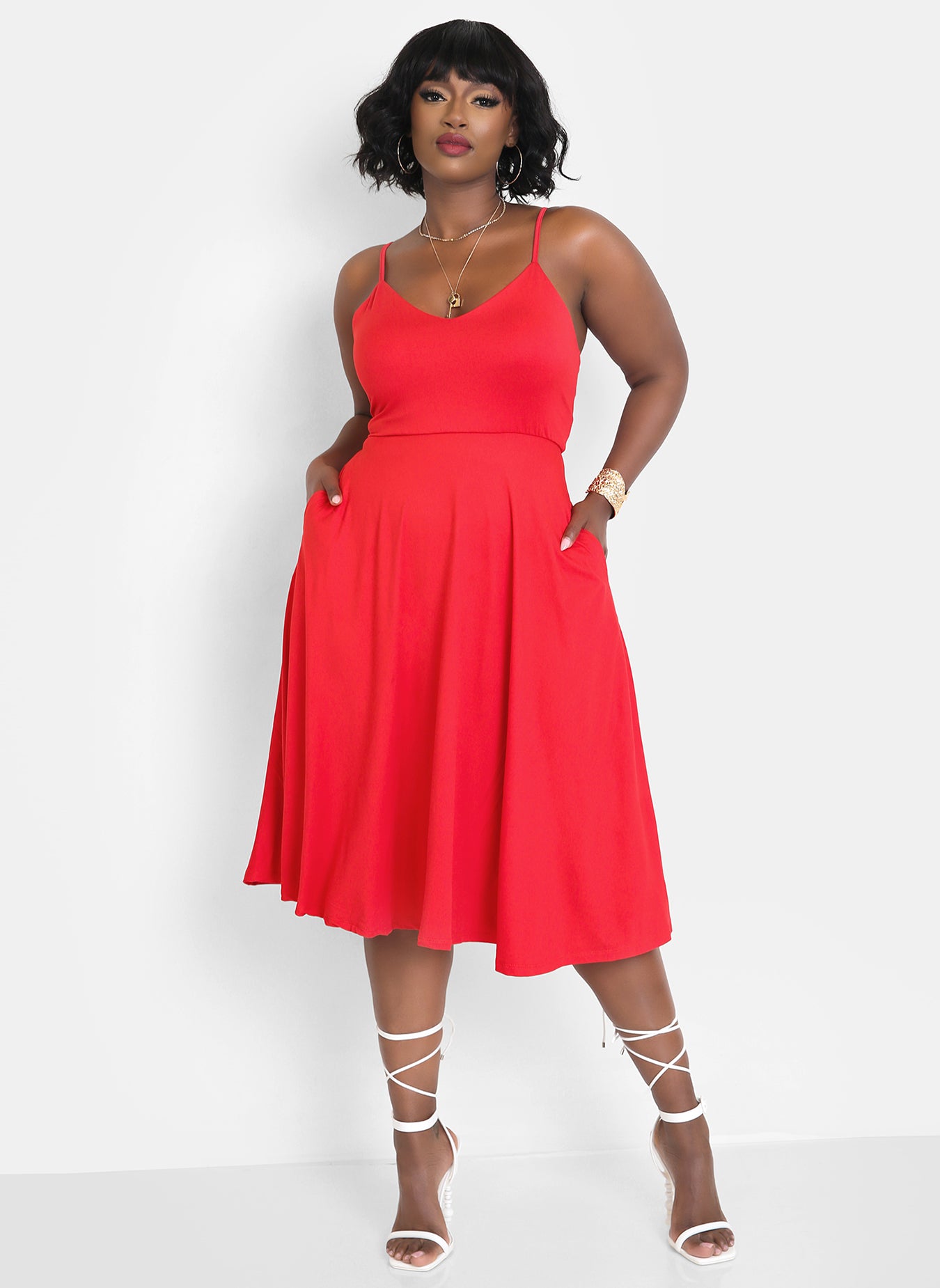 I Don't Think So Strappy Skater Midi Dress w. Pockets - Red