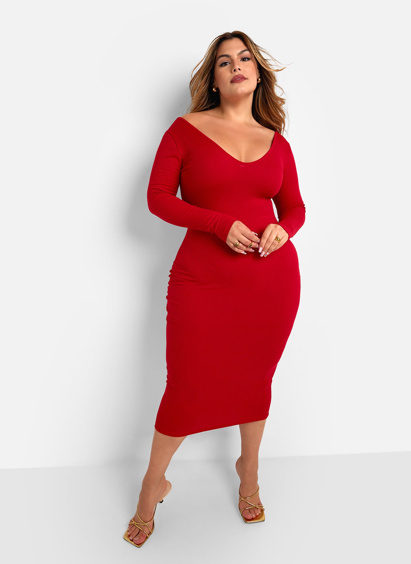 red long sleeve midi bodycon dress Elegant Long Sleeve Red Bodycon Midi Dress