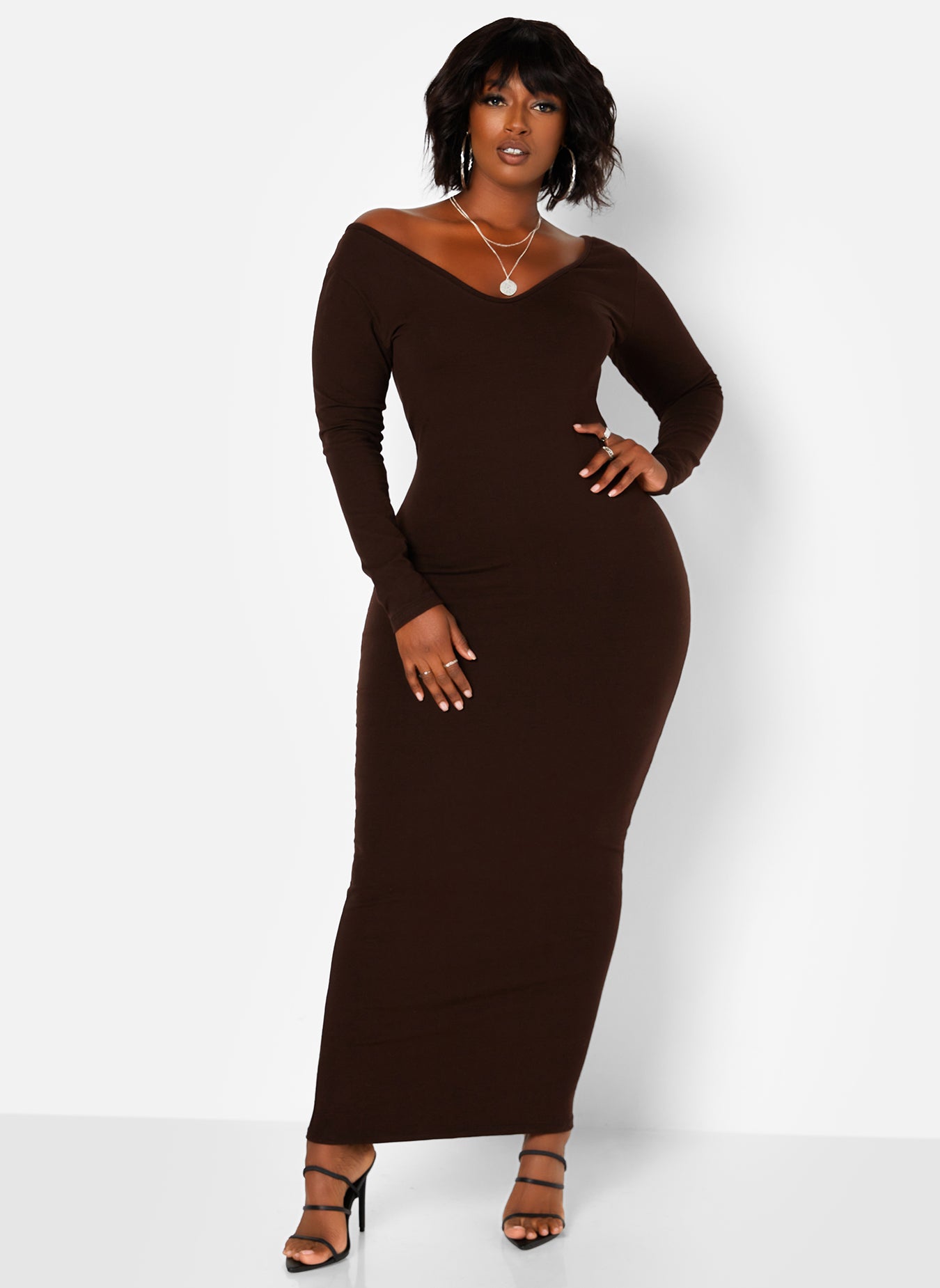 essentials dress long sleeve Essential Off The Shoulder Long Sleeve Maxi Bodycon Dress